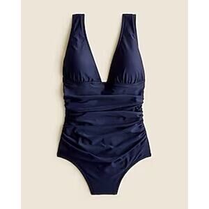 J Crew Ruched V Neck Navy Blue Full Low Cut Leg UPF 50 One Piece Swim Size 16